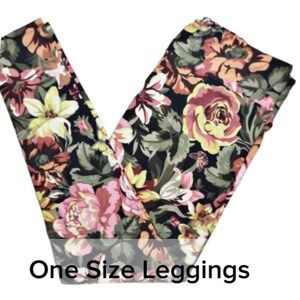 LuLaRoe Womens Leggings OS Green‎ Pink Garden Lily Roses Floral One Size NWT